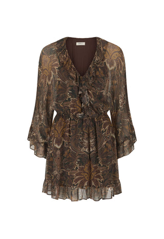 a-brown-and-beige-patterned-long-sleeve-blouse-with-a-v-neckline-ruffled-cuffs-and-a-matching-fabric-tie-belt-at-the-waist-shown-against-a-plain-white-background