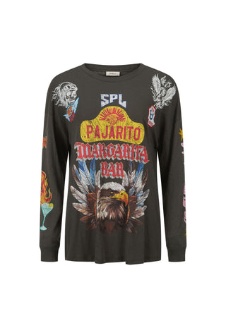 a-dark-brown-long-sleeve-t-shirt-featuring-a-large-graphic-print-of-an-eagle-head-and-the-text-pajarito-margarita-bar-with-spl-above-it-shown-against-a-plain-white-background