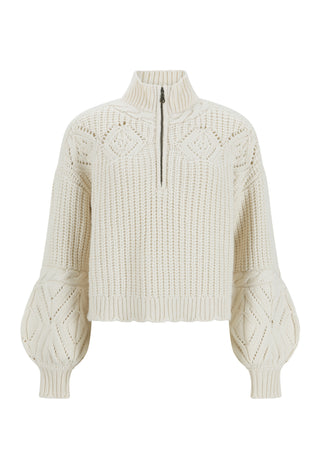 an-off-white-cable-knit-cropped-sweater-with-a-mock-neck-and-a-short-front-zipper-featuring-balloon-sleeves-with-diamond-knit-detailing