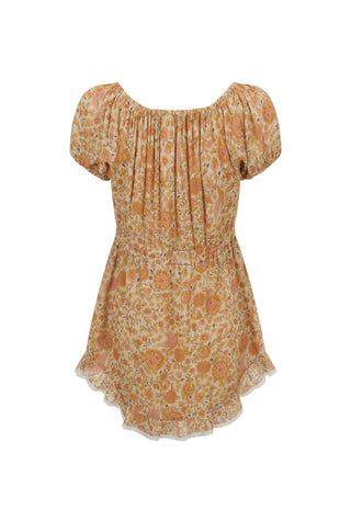 a-short-sleeve-peplum-style-dress-with-a-pleated-bodice-and-ruffled-hem-featuring-an-orange-and-beige-floral-pattern-on-a-white-background