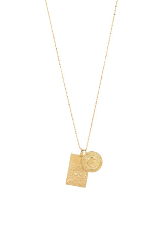 front-view-of-spell-s-sagittarius-stargazer-zodiac-necklace-the-double-embossed-pendant-charm-necklace-comes-in-22k-gold-vermeil-and-hangs-from-a-twisted-rope-chain